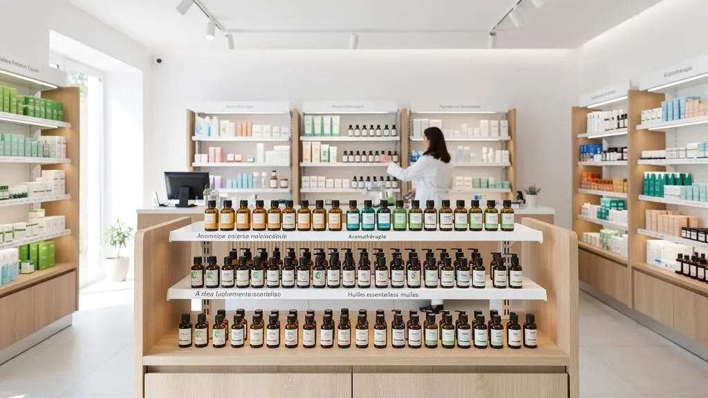 Rayon aromathérapie organisé professionnellement intégré dans une pharmacie française moderne