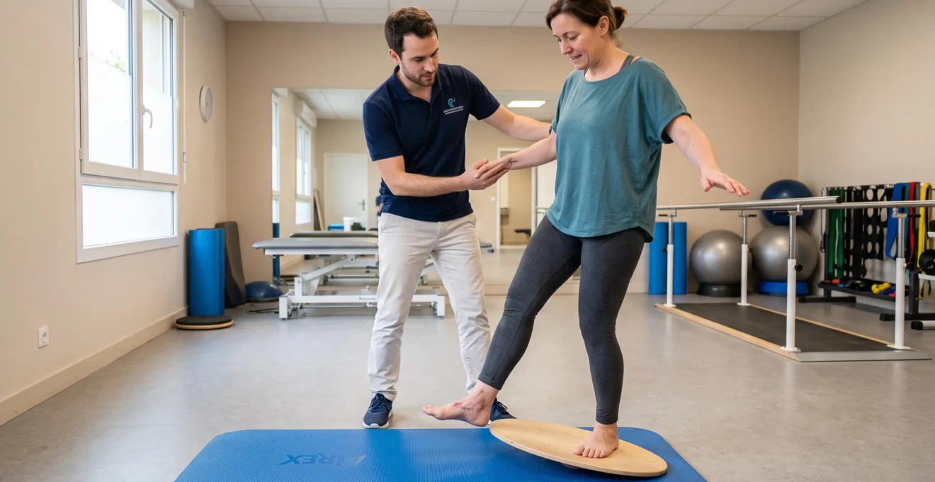 Patient réalisant un exercice de rééducation du pied sur équipement de proprioception avec l'accompagnement d'un kinésithérapeute