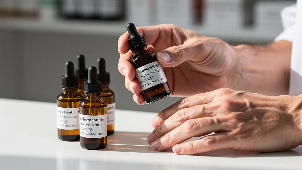 Mains de pharmacien sélectionnant des flacons d'huiles essentielles sur un comptoir d'officine
