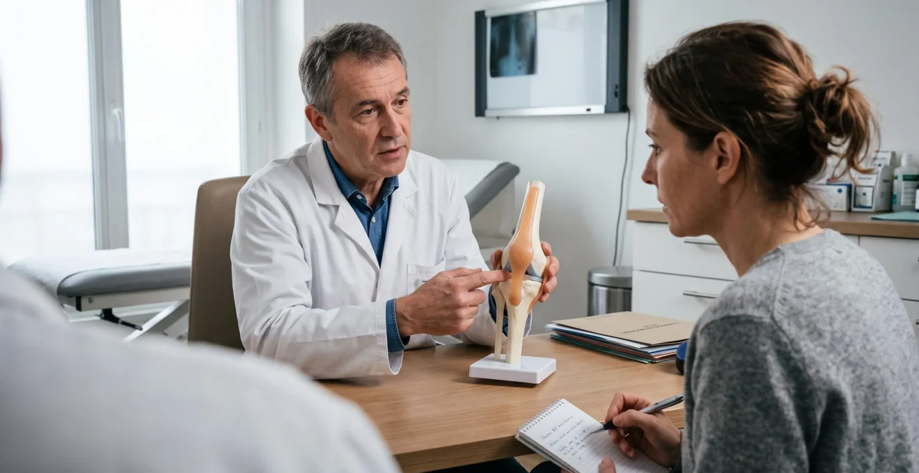 Un chirurgien orthopédiste explique une articulation du genou sur un modèle anatomique à un patient assis en face de lui pendant une consultation.