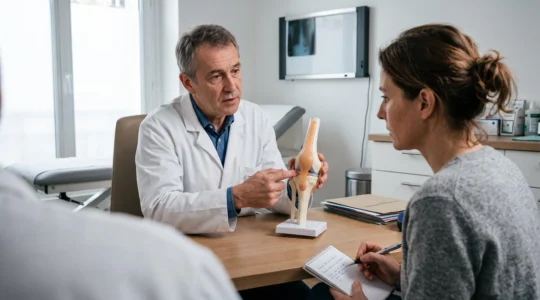 Un chirurgien orthopédiste explique une articulation du genou sur un modèle anatomique à un patient assis en face de lui pendant une consultation.