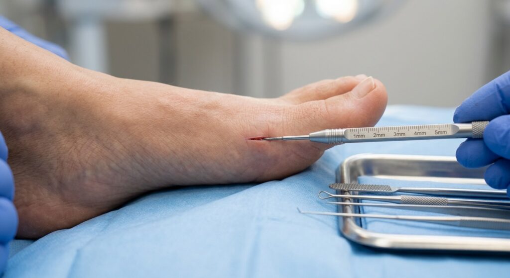 Instruments chirurgicaux spécialisés de petite taille pour chirurgie percutanée du pied disposés sur plateau stérile Instruments chirurgicaux spécialisés de petite taille pour chirurgie percutanée du pied disposés sur plateau stérile