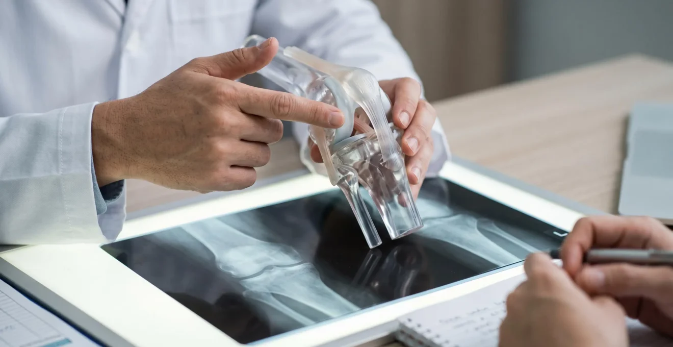 Les mains d'un chirurgien pointent une structure ligamentaire sur un modèle plastique de genou posé au-dessus d'un bureau de consultation.
