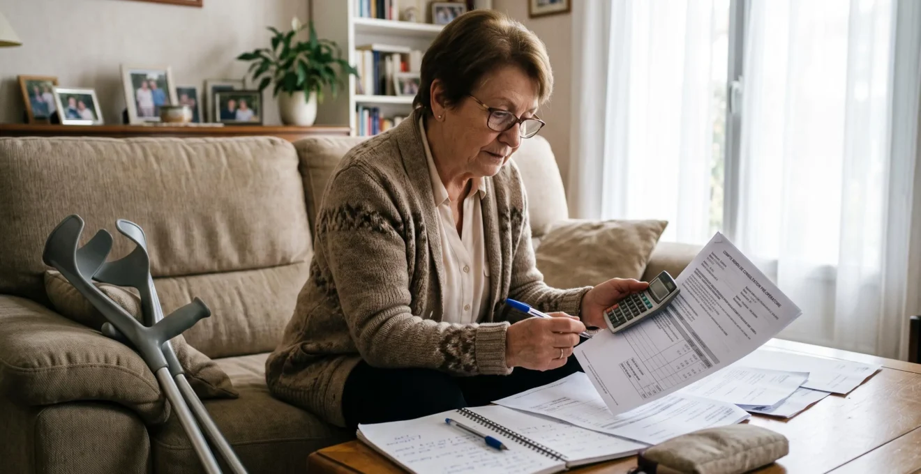 Une personne âgée assise dans son salon vérifie des documents médicaux et un devis avec une calculatrice et un stylo, des béquilles appuyées contre le canapé.